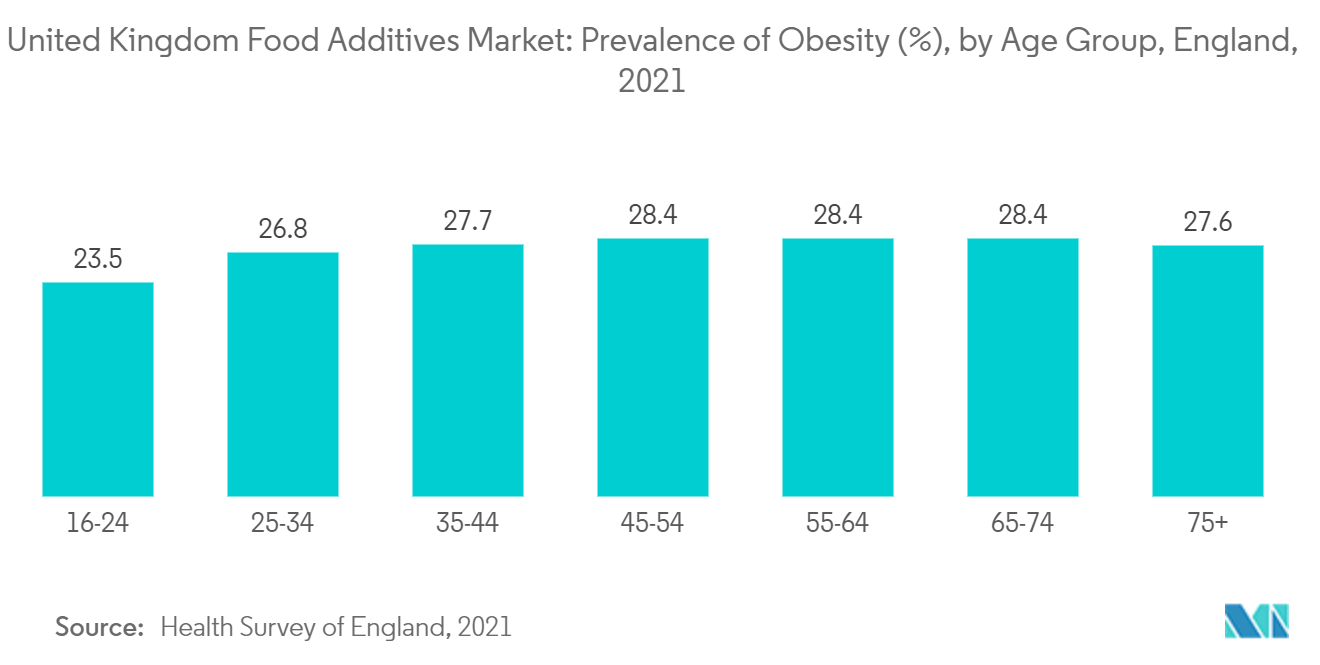  سوق المضافات الغذائية في المملكة المتحدة انتشار السمنة (٪) ، حسب الفئة العمرية ، إنجلترا ، 2021