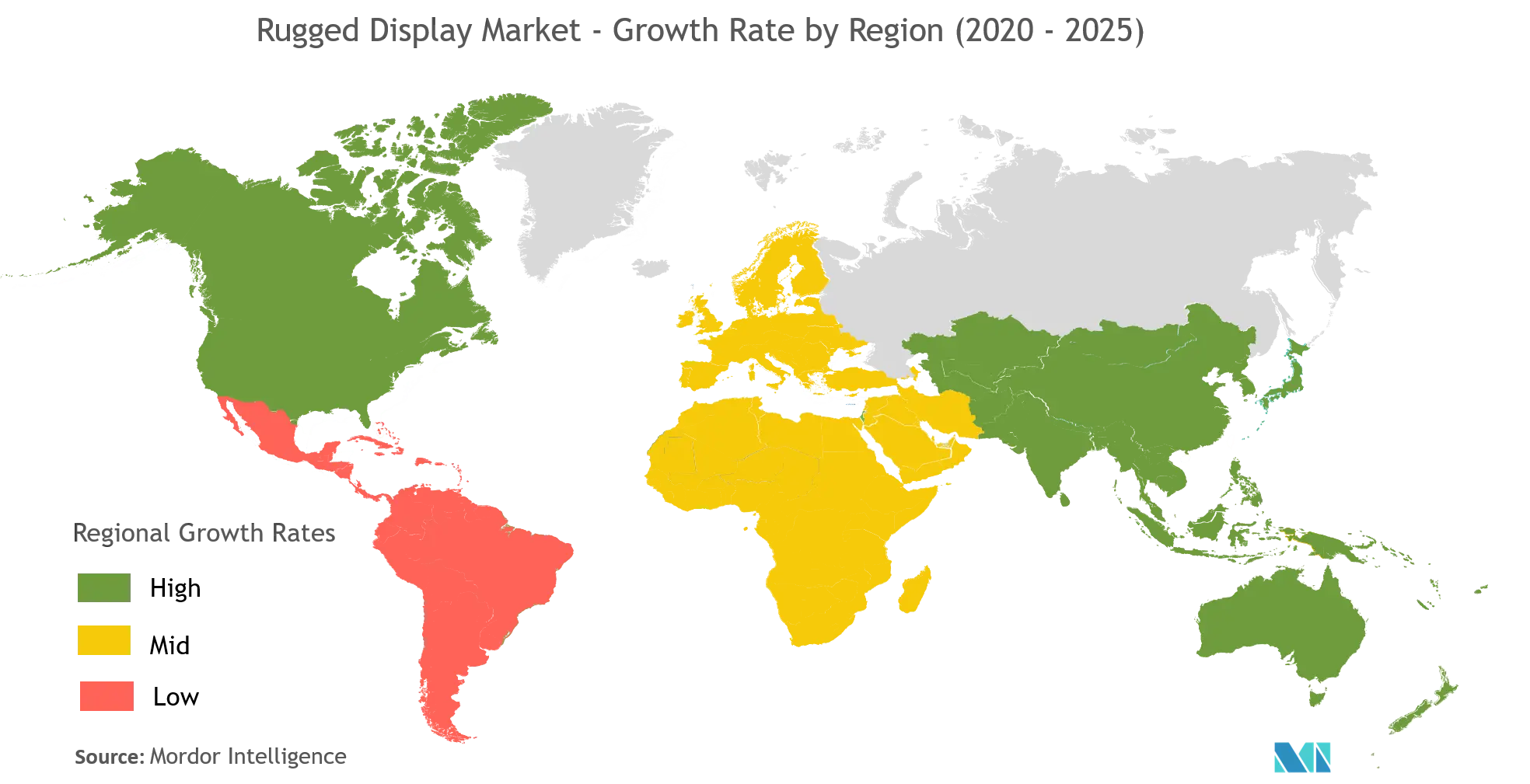 سوق شاشات العرض الوعرة معدل النمو حسب المنطقة (2020 - 2025)