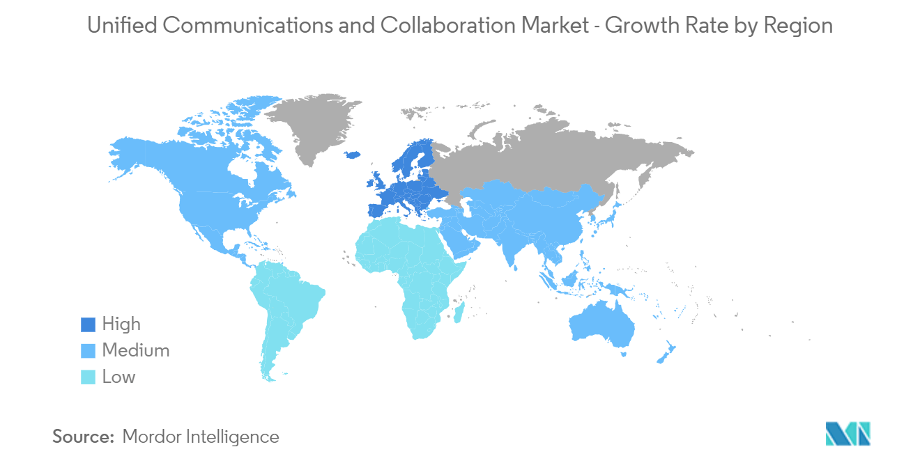 Mercado de Comunicações Unificadas e Colaboração – Taxa de Crescimento por Região
