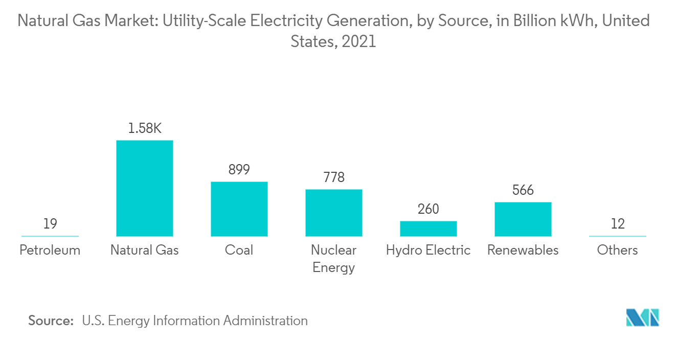 Natural Gas Market : Utility-Scale Electricity Generation, by Source, in Billion kWh , United States, 2021
