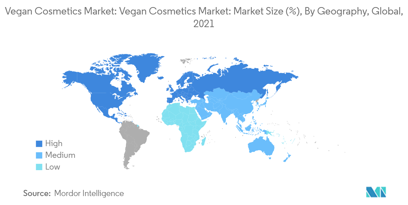 Mercado vegano global – Mercado de cosméticos veganos Mercado de cosméticos veganos Tamaño del mercado (%), por geografía, global, 2021 Alto Medio Bajo Fuente Mordor Inteligence