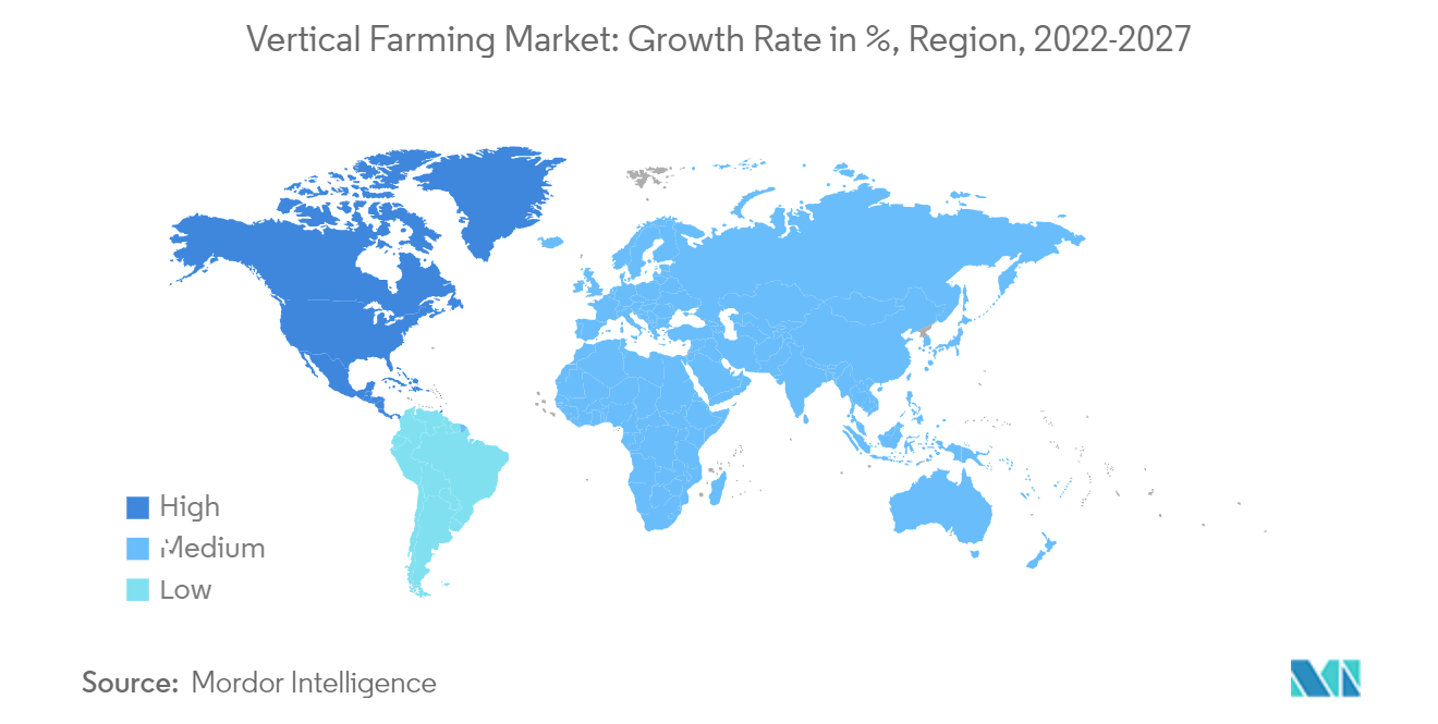 Mercado Agricultura vertical taxa de crescimento em %, região, 2022-2027
