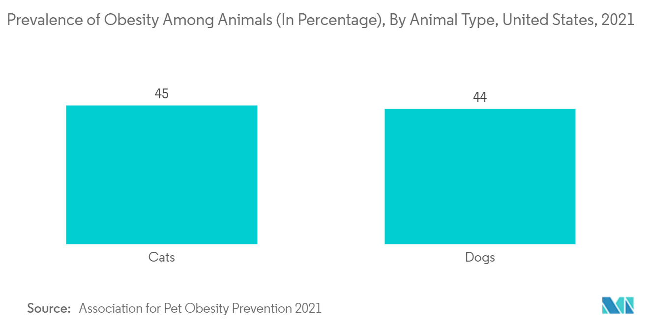 Veterinär-Röntgenmarkt – Prävalenz von Fettleibigkeit bei Tieren (in Prozent), nach Tiertyp, USA, 2021