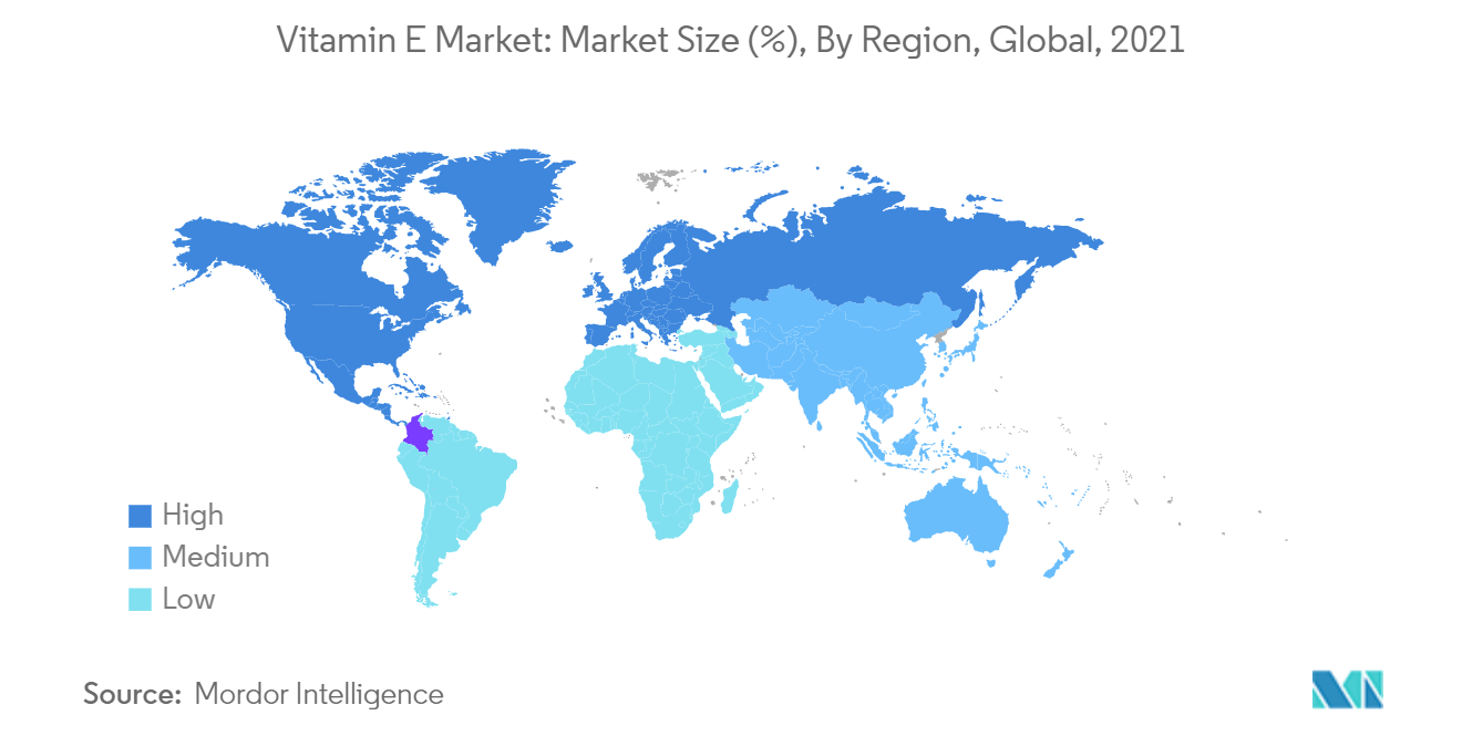 ビタミンE市場市場規模（％）、地域別、世界、2021年