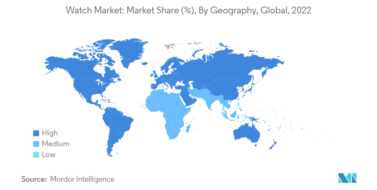 Рынок часов доля рынка (%), по географии, мир, 2022 г.