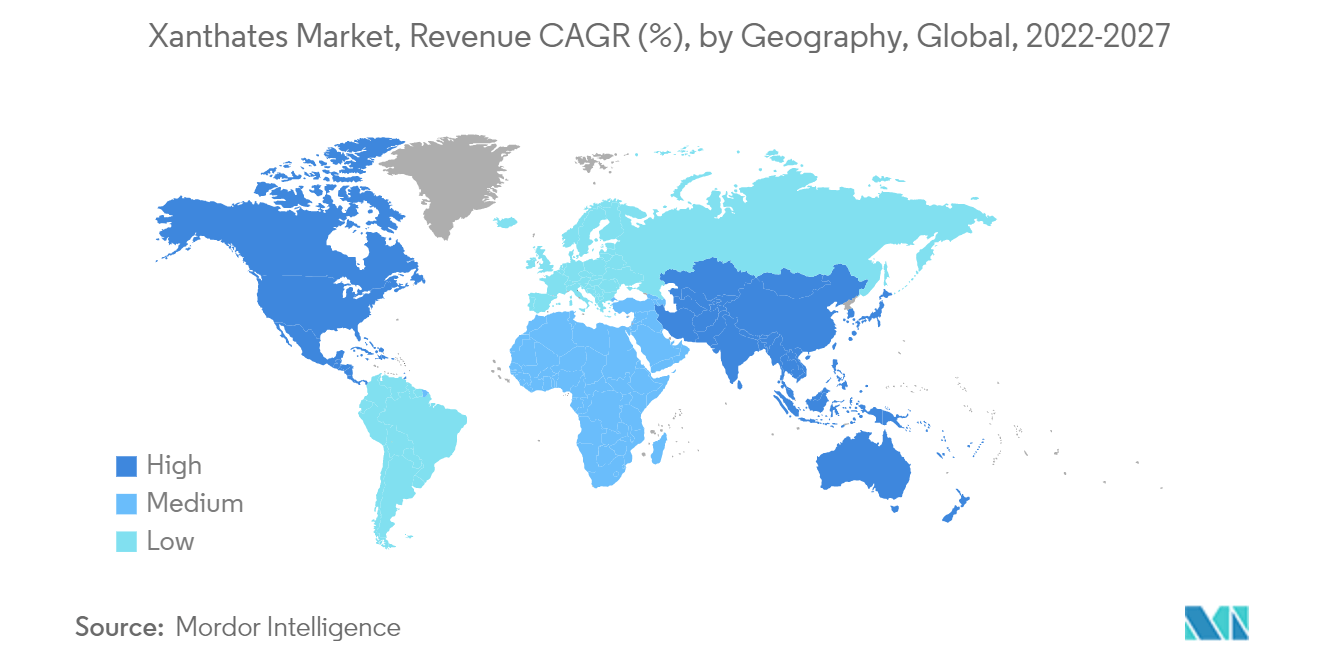 キサントゲン酸塩市場、収益CAGR(%):地域別、世界、2022-2027年