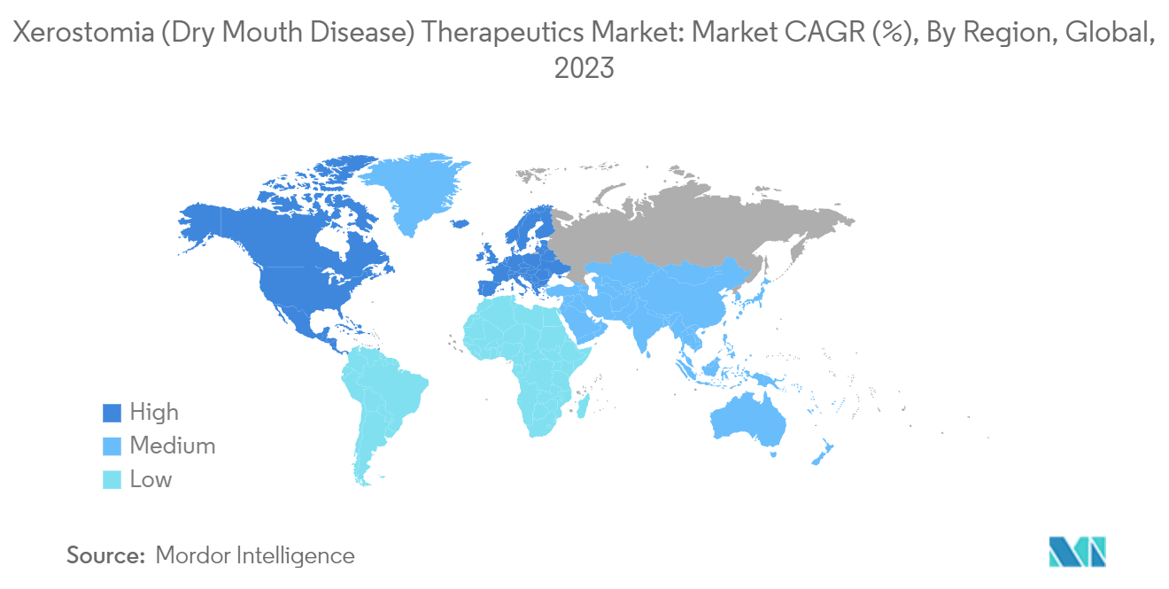 口腔乾燥症（ドライマウス病）治療薬市場：市場CAGR(%)、地域別、世界、2023年