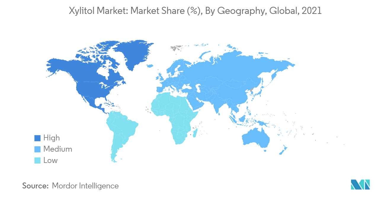 Mercado de xilitol cuota de mercado (%), por geografía, global, 2021